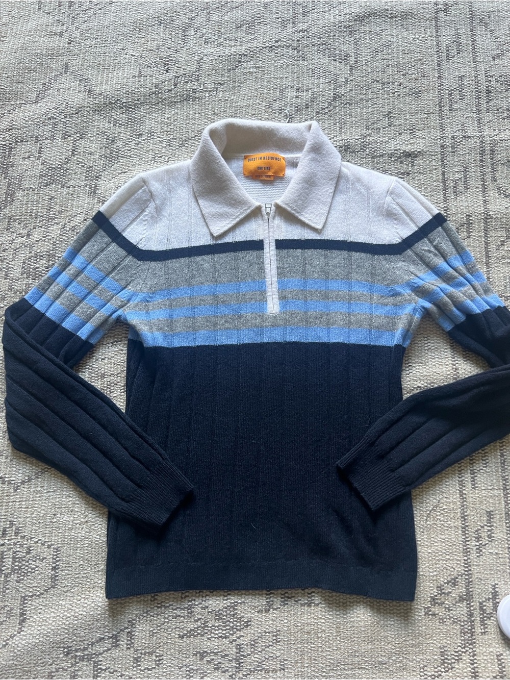 Striped Half-Zip Polo Sweater in Light Gray & Navy